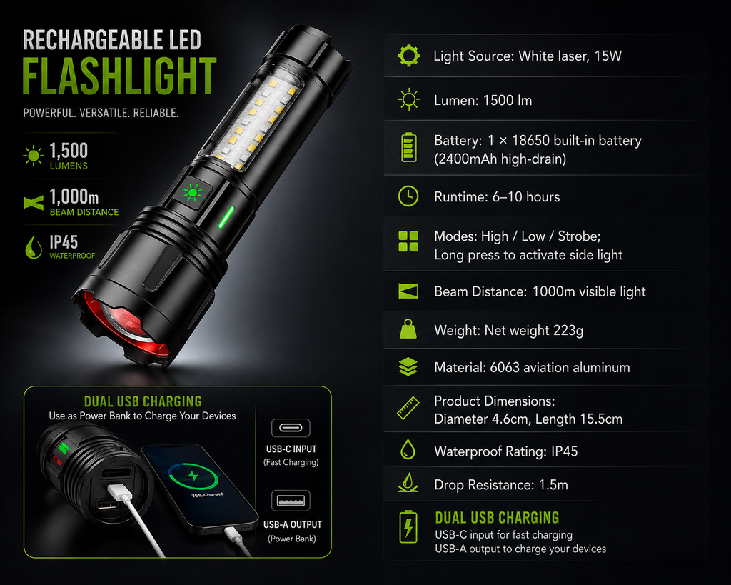 Rechargeable LED Torch with COB Side Light