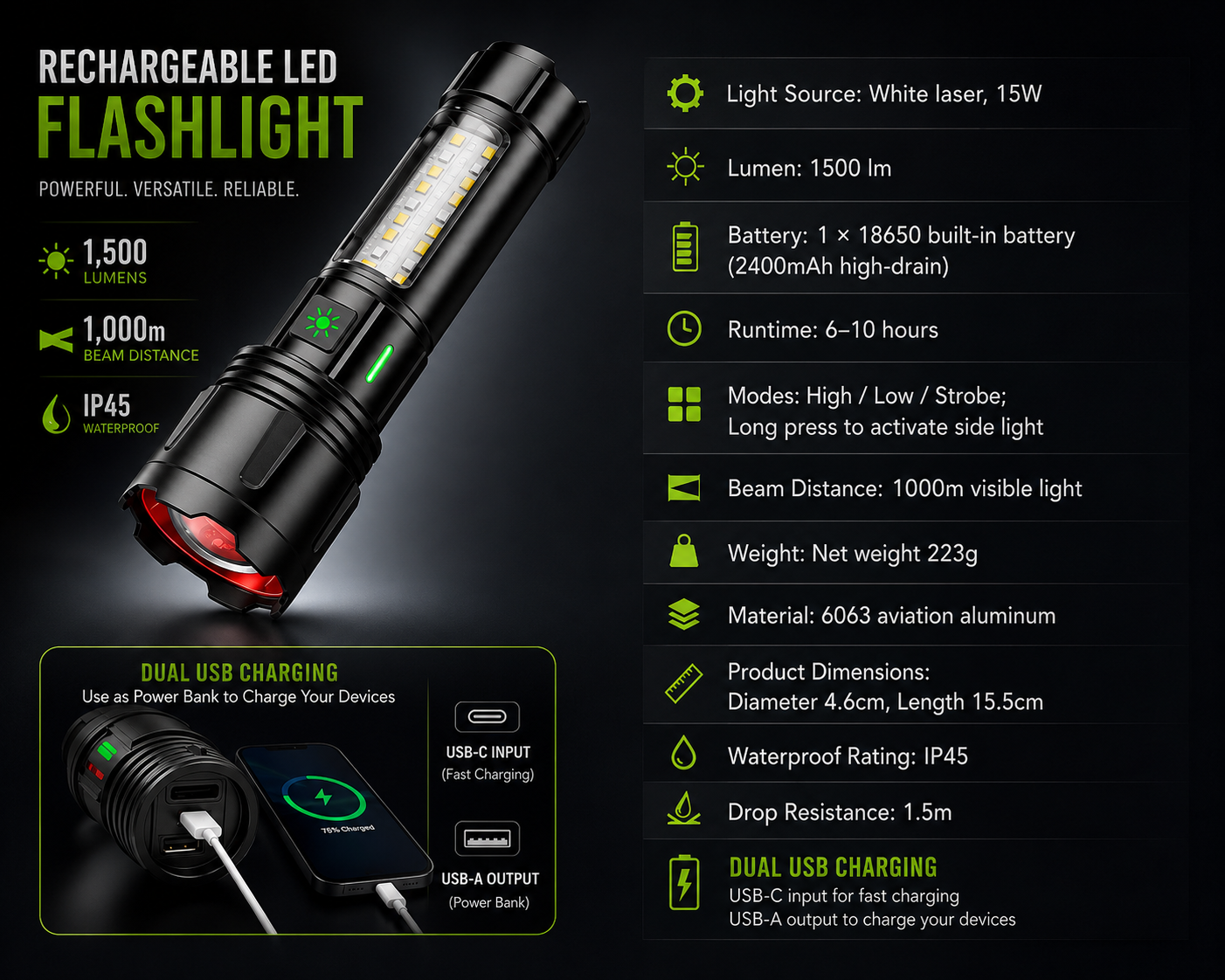 Rechargeable LED Torch with COB Side Light